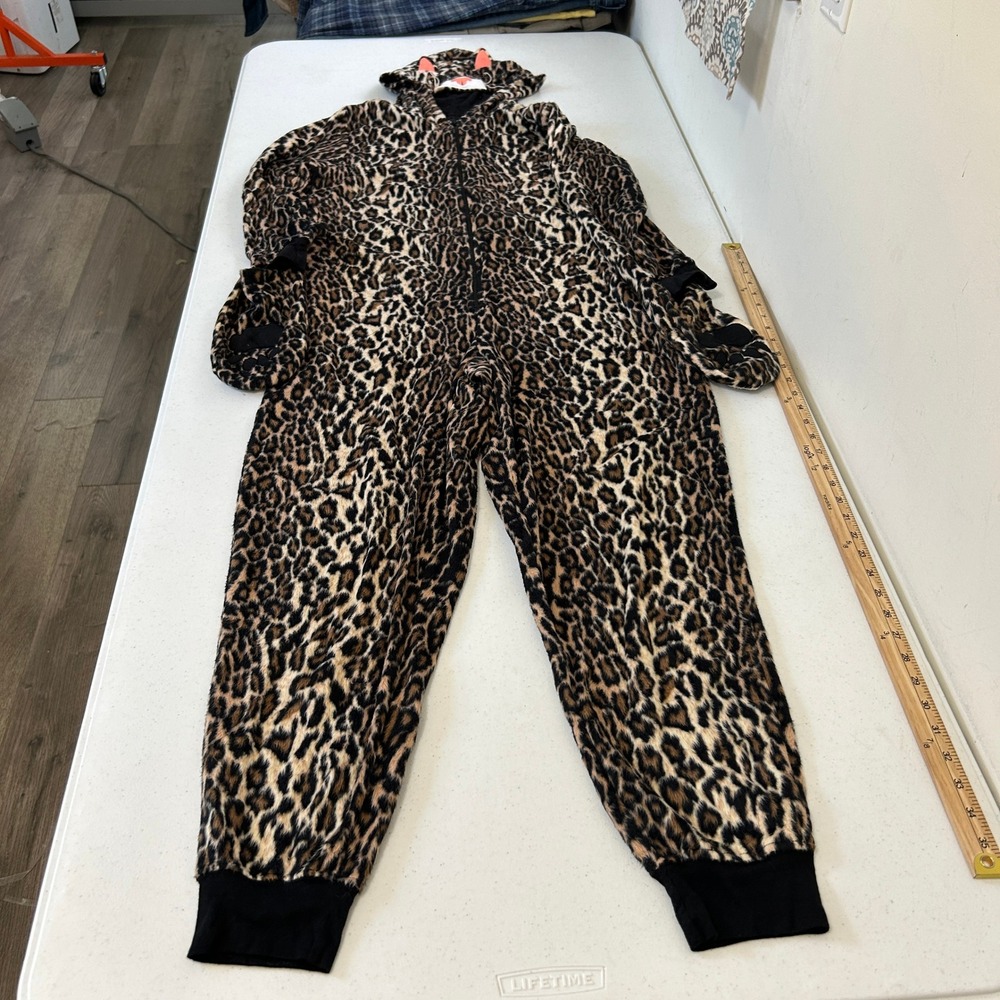 Nick & Nora Leopard Print Hooded Union Suit Fleece Pajamas Medium Animal Ears